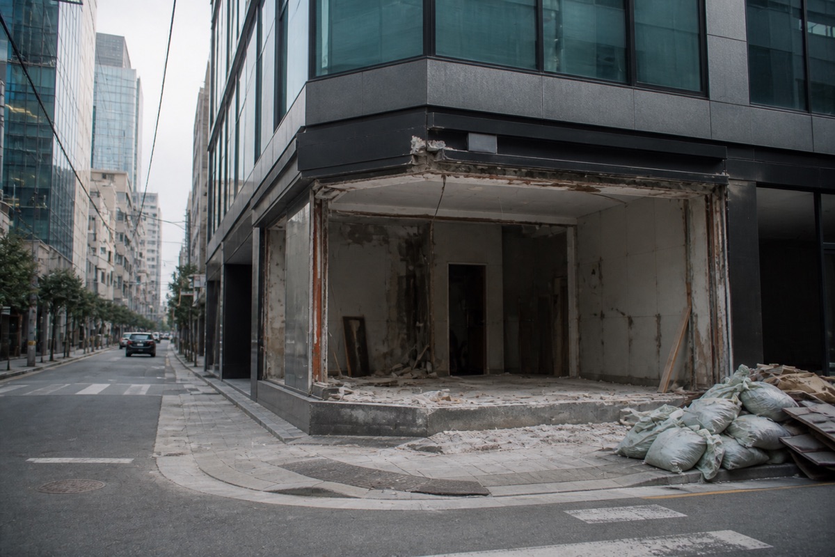 도심 상가 거리의 비운 점포 입구 — 강남·역삼 상가·점포 철거 참고 커버