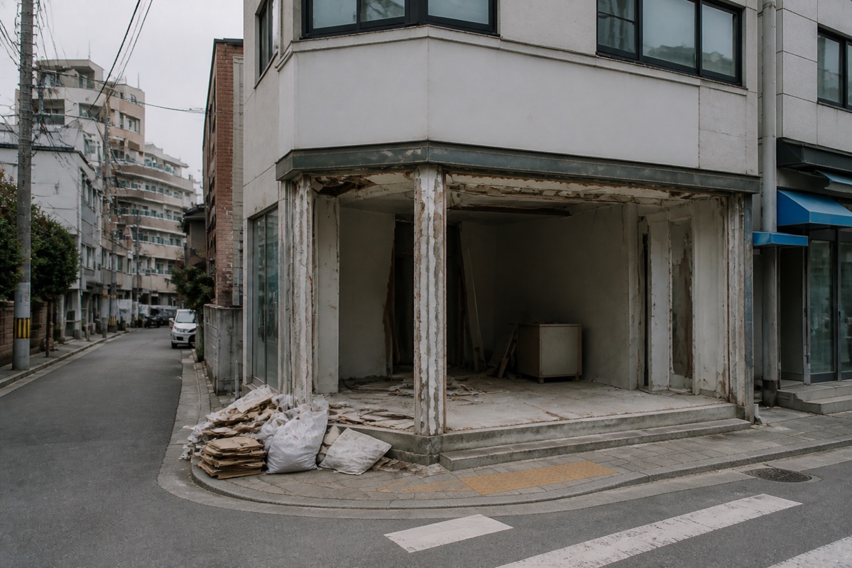 대단지 상권 인근 비운 점포 입구 — 송파·잠실 상가·점포 철거 참고 커버